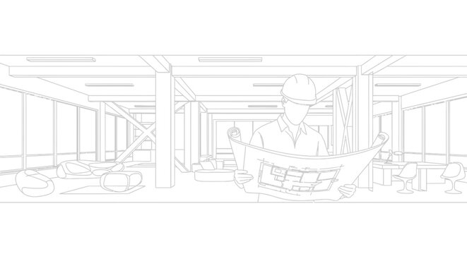 Line art illustration of an architect wearing a hard hat holding a blueprint plan.