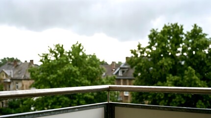 Fototapeta premium Gloomy overcast grey sky over a quiet residential neighborhood with lush green trees and house rooftops during a moody rainy day or storm preparation in a suburban landscape setting.
