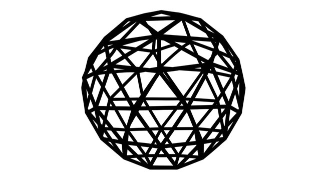 Black wireframe geodesic sphere 3D mesh geometric dome structure vector illustration.
