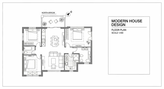 Architectural floor plan of a modern house design with detailed room layout and furniture placement.