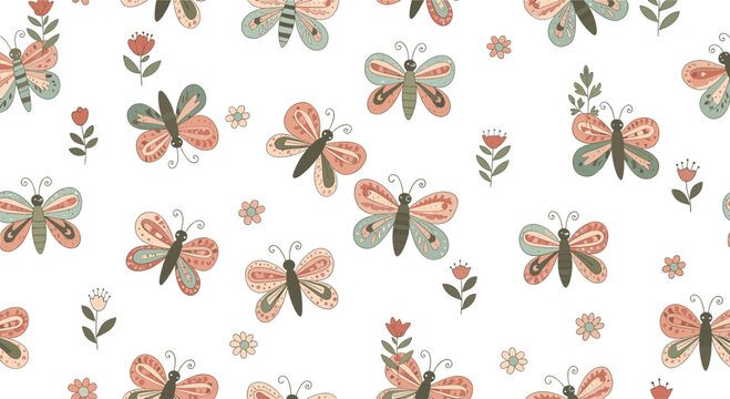 Delicate seamless pattern featuring vintage-style butterflies and small wildflowers in soft muted tones on a clean white background.