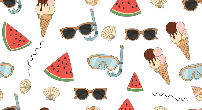 Seamless summer pattern featuring ice cream, watermelon, sunglasses, and snorkeling gear for a fun and tropical beach vacation background.