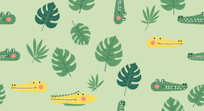 Seamless repeat pattern featuring cute green and yellow crocodile characters with tropical leaves for a fun jungle themed background.