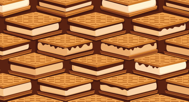 Seamless isometric pattern featuring delicious smores sandwiches with crackers, marshmallow, and chocolate for a sweet treat background.