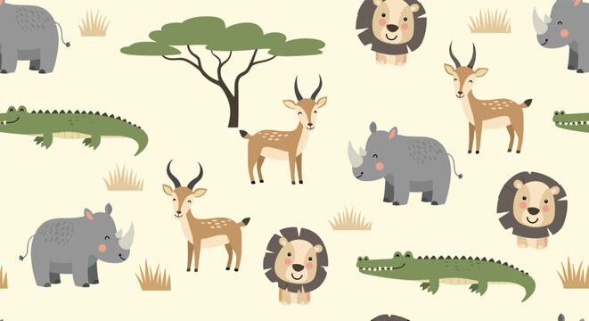 Seamless pattern with cute African savanna animals including lions, rhinos, gazelles, and crocodiles for nursery and children designs.