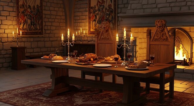 Medieval Banquet Hall with Candlelit Feast and Fireplace.
