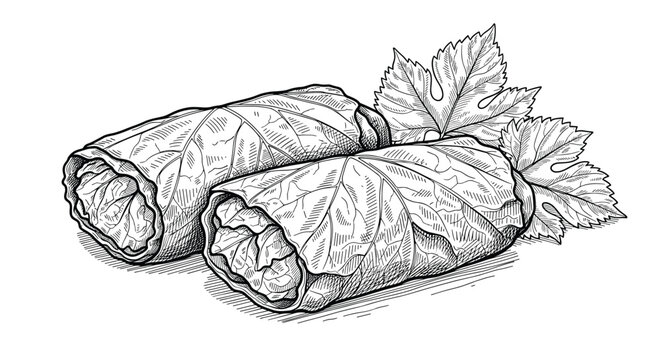 Traditional dolma dish illustration featuring stuffed grape leaves served with fresh vine leaves in a classic black and white engraving style.