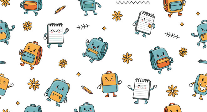 School themed seamless pattern with happy backpack and notepad characters along with pens and flowers for student stationery design.