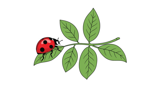 Small red ladybug with black spots crawling along a green leafy branch illustrated in a detailed clean graphic style on white.