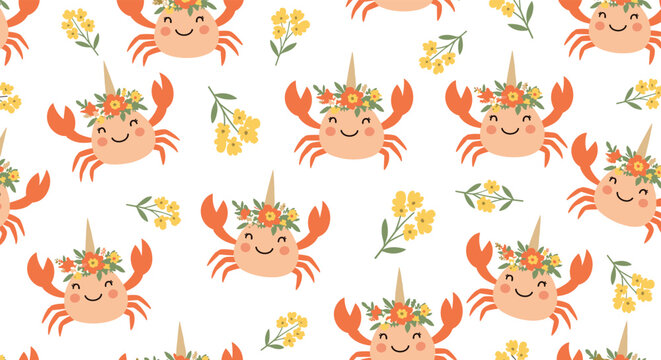 Adorable seamless pattern for children featuring smiling crabs wearing flower crowns and unicorn horns interspersed with yellow flowers.