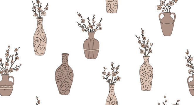 Elegant seamless pattern showcasing various ceramic vases filled with delicate cherry blossom branches in a soft brown and cream palette.