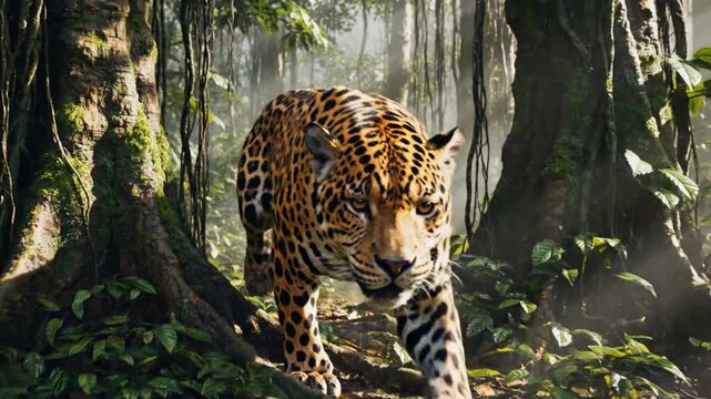 Sleek golden jaguar with dark rosettes prowls through misty rainforest under tall trees, alert expression and muscular build