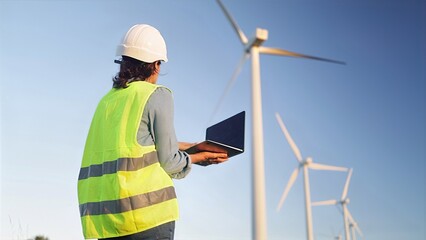 Female engineer wearing a hard hat and safety vest, looking at wind turbines while holding a laptop, overseeing clean energy production and sustainable development © NJF