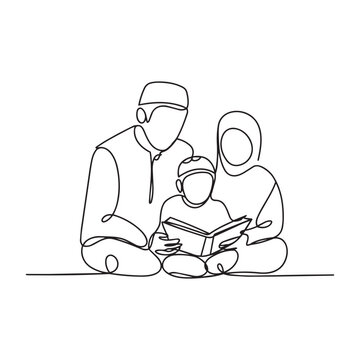Continuous line drawing of an islamic family reading the holy quran book together at home.