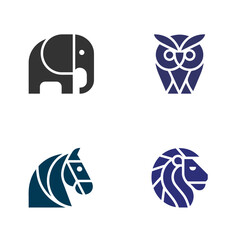 Fototapeta premium Animalicons elephant owl horse lion four animal heads in minimalist line art style on white background
