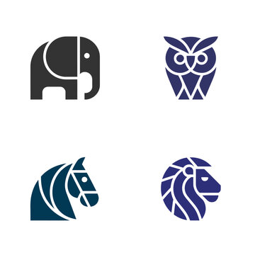 Animalicons  elephant  owl  horse  lion  four animal heads in minimalist line art style on white background