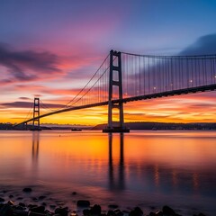 Obraz premium Illuminated Suspension Bridge Spanning Calm Bay at Colorful Sunset