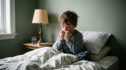 Fototapeta premium A Sick Child Comforts Himself While Remaining Wrapped In A Warm Bedding