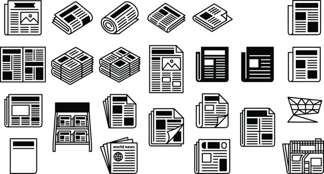 Newspaper and Media Icon Set with Isometric News Bundles Paper Stacks Article Layouts and Magazine Stand Vector Graphics for Journalism Designs
