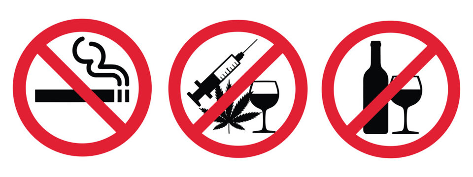 Prohibition sign icon set featuring no drugs, no smoking, no vaping, and no alcohol symbols in red crossed circles for safety signage, vector illustration, vector, designs