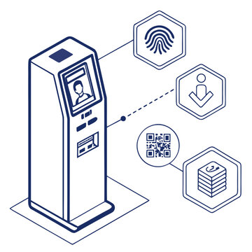 Isometric biometric identification kiosk with fingerprint and qr code scanner, biometric