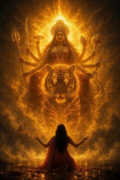 Divine Mother Durga Blessing a Devotee in a Heavenly Vision