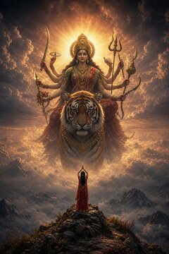 Divine Shakti Aura with Goddess Durga and Devotee Silhouette