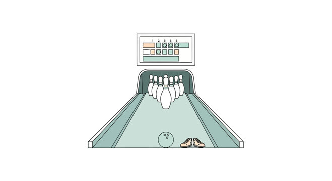 Minimalist Illustration of a Bowling Lane with Pins and Ball.