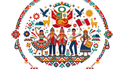 Fototapeta premium Peruvian traditional culture illustration with dancers and musicians.