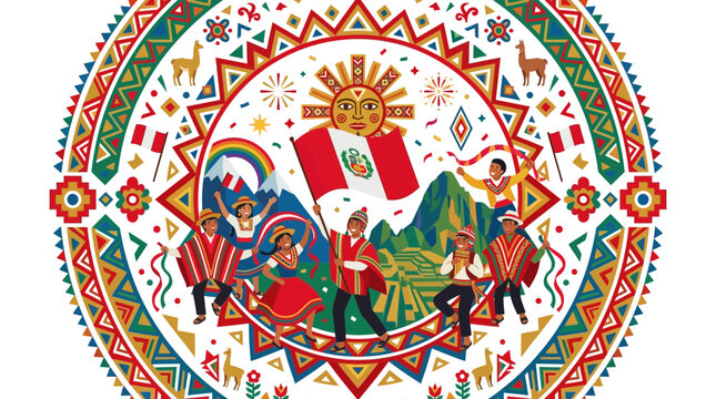 Peruvian culture illustration with people in traditional clothing and flag.