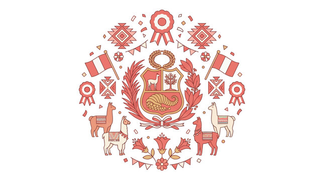 Peruvian National Symbols Circular Pattern Illustration.