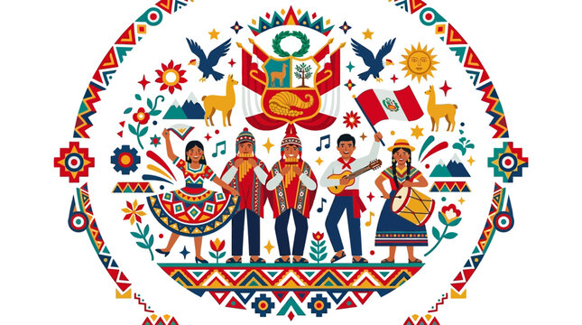 Peruvian traditional culture illustration with dancers and musicians.