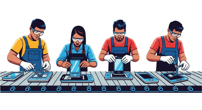 Workers assembling smartphones on a production line.