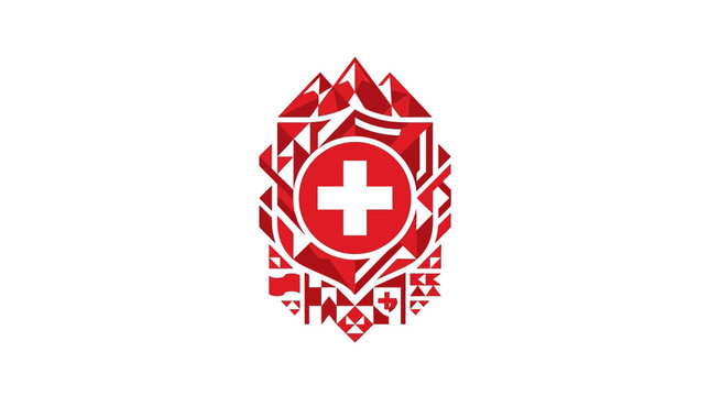 Stylized Swiss flag emblem with mountain peaks and geometric patterns.