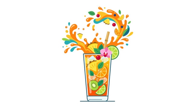 Vibrant watercolor illustration of a refreshing fruit cocktail with splash.