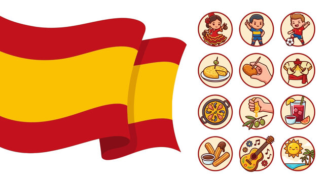 Flat vector illustration of the Spanish national flag waving alongside twelve circular icons representing Spain's culture, including flamenco, soccer, paella, tapas, churros, and a guitar.