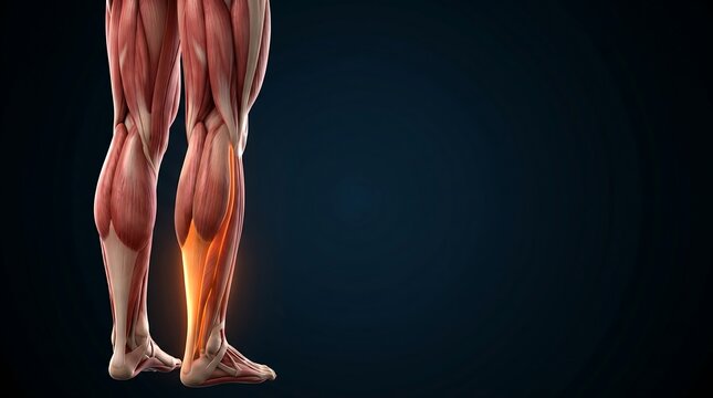 3D anatomical illustration of human lower leg muscles with a highlighted achilles tendon muscle, for human muscular education.