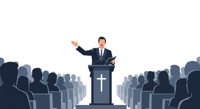 Vector illustration of a male pastor in a suit standing at a podium with a white cross, preaching and gesturing to a large congregation seated in pews on a white background.