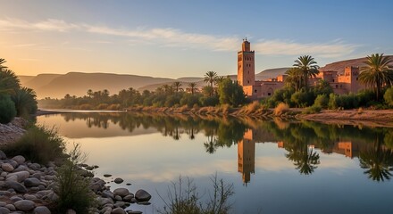 Fototapeta premium Historic Riverside Mosque Tower Reflecting in Calm Desert Oasis at Sunset