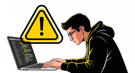 Young man wearing glasses coding on a laptop with a warning sign. © fuad