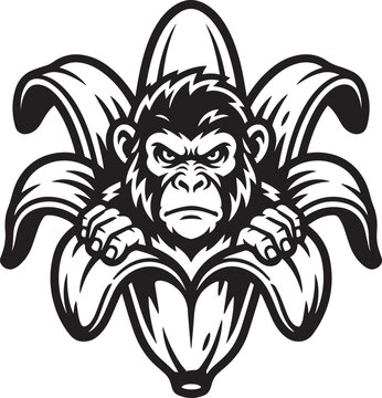 Fierce monkey head emerging from inside ripe banana vector mascot design with illustration, wildlife