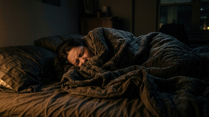 Fototapeta premium A Person Encased Under Warm Blanket Is Sleeping in Dark Room, Dramatic Tone