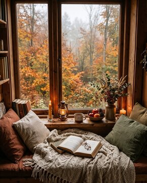 Cozy reading nook with open book and autumn view outside window  