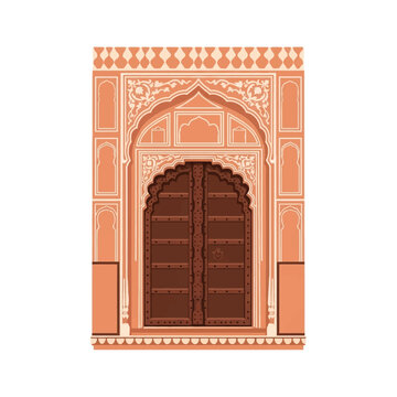 Vector illustration of an ornate traditional Indian wooden door at Chandra Mahal, Jaipur, featuring a cusped arch, intricate white floral patterns, and peach terracotta walls.