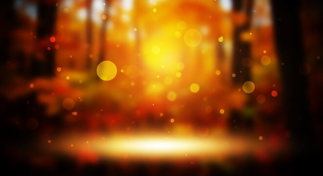 Blurred out fall season abstract nature background with lots of bokeh and a bright center spotlight and a subtle vignette border