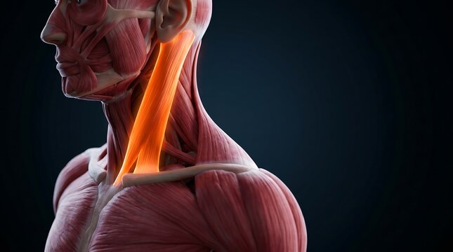 3D anatomical illustration of the human neck and shoulder muscles, highlighting the sternocleidomastoid muscle in orange, for human muscular system education.