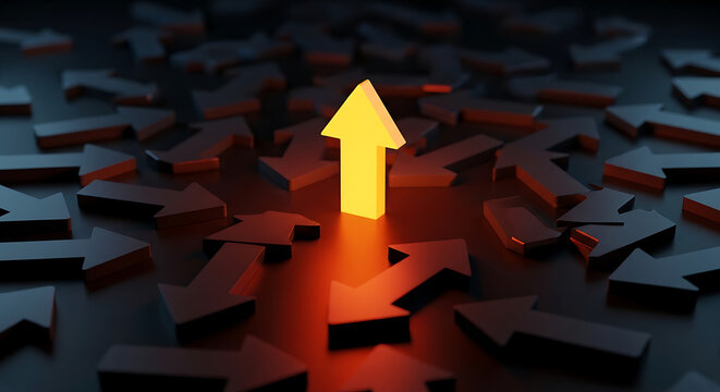 A single glowing yellow upward pointing arrow standing out from many dark arrows with leadership direction business strategy competition improvement positive decision opportunity performance