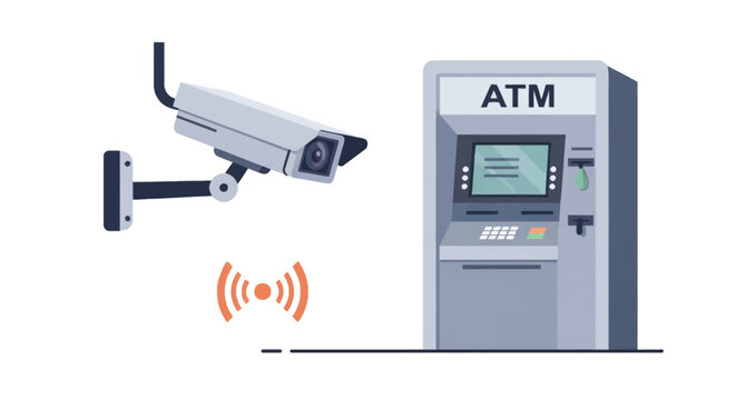 Vector illustration showing a wall-mounted CCTV security camera monitoring an automated teller machine (ATM) for bank security, featuring a wireless signal icon on white background