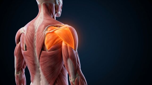 Detailed anatomical illustration of human back and shoulder muscles with highlighted deltoid, for human muscular system education.