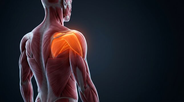 3D rendering of human anatomy showing the muscular system of the upper back and arm, with a highlighted deltoid muscle, for human muscular system education.